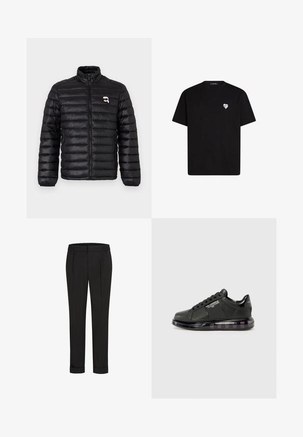 Melnā pūkainā jaka ar augstu apkakli, horizontālu izšuvumu un krūšu logotipu. Izgatavota no spīdīga materiāla ar elastīgām aprocēm un rāvējslēdzēja aizdari.; Melna kokvilnas t-krekls ar īsām piedurknēm, apaļu kakla izgriezumu un nelielu baltu sirds grafiku kreisajā krūšu daļā.; Melni bikses ar elastīgu jostu, ar taisna piegriezuma dizainu un sarullētām piedurknēm. Izgatavotas no gluda, auduma bez rakstiem.; Melnas sporta kurpes ar gludu ādas virsu, noapaļotu purngalu un saistīšanas dizainu. Iezīmē skaidru, mīkstu zoli ar tumšu gradientu.