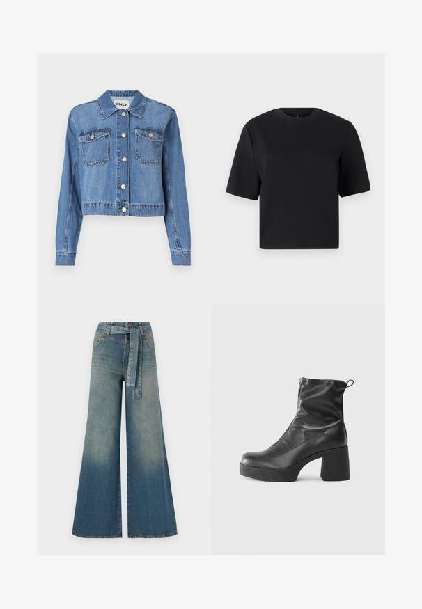 Svetlo modra denim jakna s skrajšanim dizajnom, sprednjimi gumbi, dvema žepoma na prsih in koničastim ovratnikom. Ima gladko teksturo.; Črna kratka majica s kratkimi rokavi, okroglo izrezana, izdelana iz gladkega bombažnega materiala; udoben kroj, minimalističen dizajn, brez vidnih vzorcev ali dodatkov.; Široke jeans hlače z gradientom od svetlo do temno modre, visokim pasom, zankami za pas in pasom iz istega materiala. Tekstura denim končnica.; Črne gležnjarje iz gladke kože z božnim zadrgo, masivnim teksturiranim peto in zaobljeno obliko prstov.