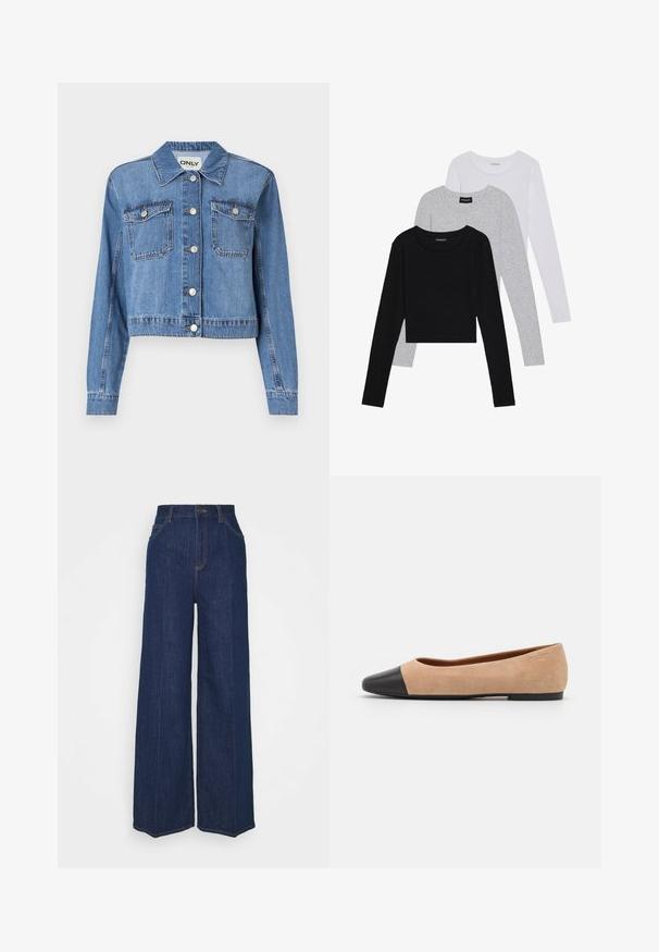 Lyseblå denimjakke med en kort design, frontknapper, to brystlommer og spiss krage. Har en glatt tekstur.; Tre lange ermer t-skjorter stablet: svart, grå og hvit. Hver har en rund hals og et kort design med glatt, lett stoff.; Høyt liv vidbukse i mørk blå denim med front- og baklommer, knappelukking, og synlige sømdetaljer.; Beige semsket ballettsko med svart lær rund tåhette, lav hæl og glatt tekstur, med minimal søm og et rent design.