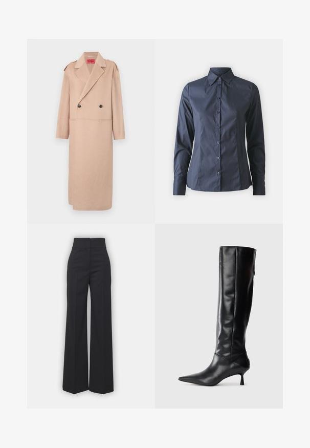 Cappotto in misto lana beige con design doppiopetto, grandi revers e due tasche frontali. Presenta bottoni neri e dettagli sulle spalle.; Camicia a maniche lunghe blu navy con chiusura a bottoni, colletto a punta e vestibilità su misura. Realizzata in tessuto leggero e liscio.; Pantaloni a gamba larga in tessuto nero con vita alta, caratterizzati da una finitura pulita e una texture liscia. Nessun hardware visibile o motivi.; Stivale in pelle nera alto fino al ginocchio con punta affusolata e tacco sottile e curvato. Texture liscia, design aderente e senza hardware o motivi visibili.