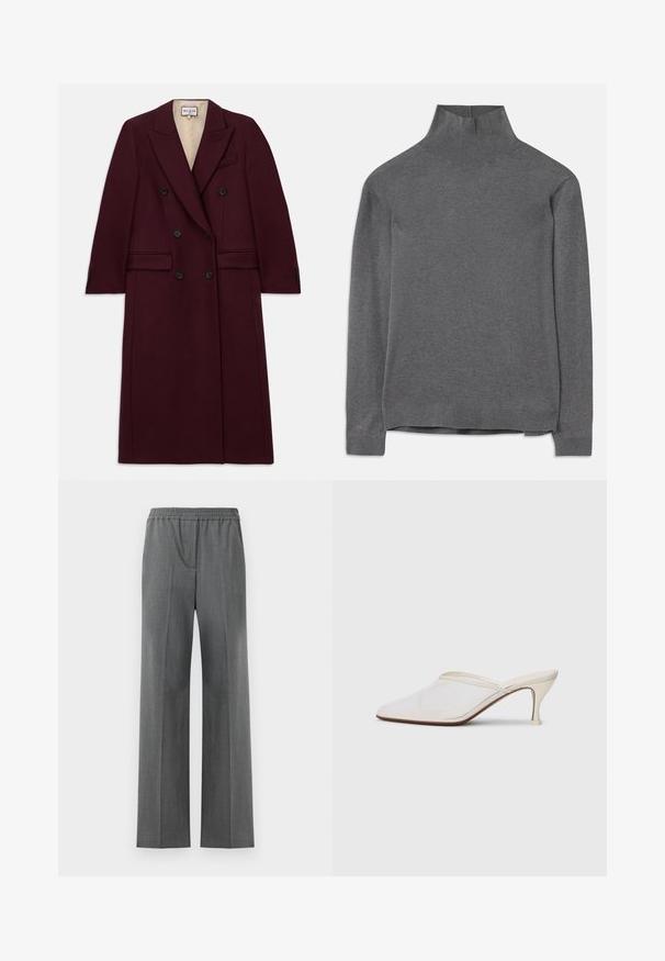 Bordeaux dubbele-breasted jas van een gestructureerde stof, met zwarte knopen, zijzakken en een geknipt revers ontwerp.; Grijze coltrui gemaakt van zachte stof, met lange mouwen, ribbelhals en zoom, en een relaxte pasvorm. Gladde textuur en eenvoudig ontwerp.; Grijze wijde broek met een elastische tailleband, gemaakt van een gestructureerde stof met een subtiel geweven patroon.; Witte mesh puntige muiltjes met een slanke hak van middelgrote hoogte en een slip-on ontwerp, tegen een effen achtergrond.