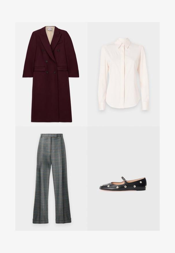 Burgundský dvouřadý kabát vyrobený z texturované tkaniny, s černými knoflíky, postranními kapsami a klopovými límci.; Světle růžová košile s dlouhým rukávem vyrobená z hladkého materiálu, s klasickým límcem a zapínáním na knoflíky, s přiléhavými manžetami a upraveným střihem.; Kostkované kalhoty v modro, šedé a oranžové barevné kombinaci, široký střih a zvýrazněné skladby; vyrobeny z texturované tkaniny.; Černé kožené baleríny typu Mary Jane s kulatou špičkou, zdobené stříbrnými kulatými nýty a nastavovacími popruhy se sponou.