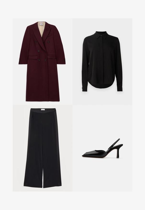 Burgundijas divrindas mētelis, izgatavots no struktūrēta auduma, ar melnām pogām, sānu kabatām un ieliektu atloku dizainu.; Melna garo piedurkņu blūze ar norādītu apkakli, slēptu pogu aizdari un izliekta apakšmala uz vienkārša balta fona.; Plati melni bikses, izgatavotas no gluda auduma, ar plakanu jostu, krokām un sānu kabatām. Tīras līnijas ar minimālu detalizāciju.; Melnas ādas slingback kurpes ar norādītu purngalu, minimālisma dizainu, plānu potītes jostu un elegantām stiletto papēžiem. Gluda tekstūra.