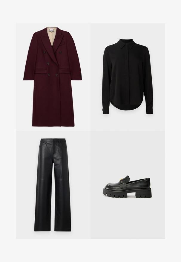 Burgundski dvostruki kaput od teksturiranog materijala, s crnim dugmadi, bočnim džepovima i preklopnim reverima.; Crna bluzica dugih rukava s oštrim ovratnikom, skrivenim kopčanjem i zakrivljenim rubom na jednoj bijeloj pozadini.; Široke crne kožne hlače s glatkom teksturom, koje imaju prednje džepove, kopčanje na dugme i suptilne detalje šivanja.; Crne kožne loafersice s debelim potplatom, s zlatnim akcentom sprijeda i glatkim završetkom. Debeli uzorak na potplatu.