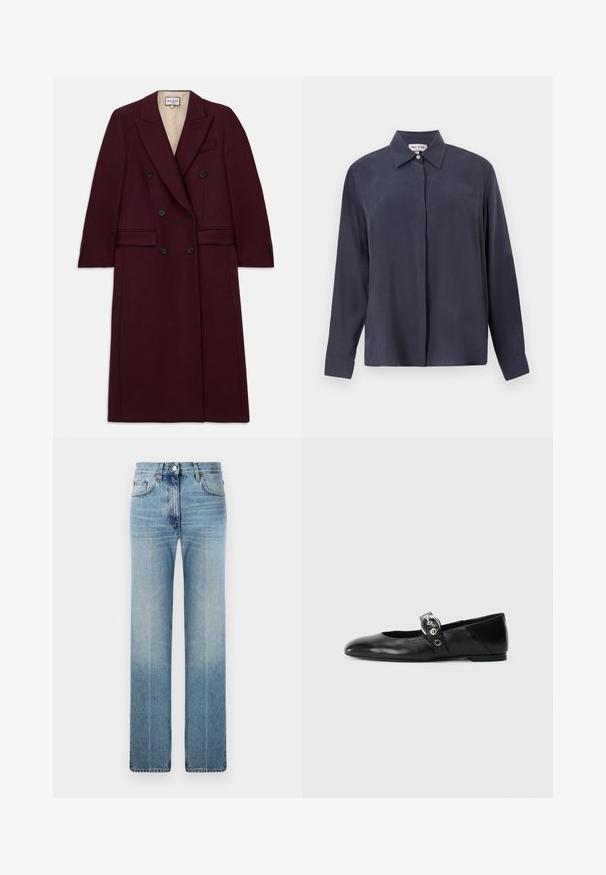 Burgunderfarbenes, doppelt gefüttertes Jackett aus einem strukturierten Stoff, mit schwarzen Knöpfen, seitlichen Taschen und einem Reversdesign.; Dunkelblaues Langarmshirt aus glattem Stoff mit klassischem Kragen und Knopfleiste. Lockerer Schnitt mit geknöpften Ärmelbündchen.; Hellblaue gerade geschnittene Jeans aus Denim mit dezentem Verblassen, klassischem Fünf-Taschen-Design und einem Metallknopfverschluss an der Taille.; Schwarze Ballettflat mit spitzer Spitze, ausgestattet mit einem Riemen und einer runden, metallischen Schnalle sowie einer flachen Sohle.