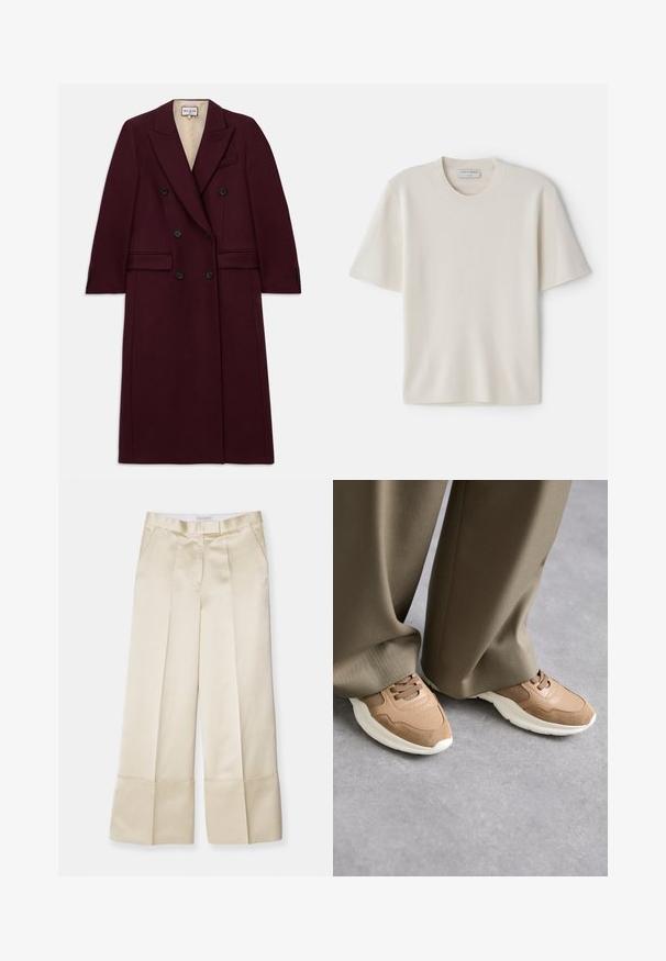 Manteau bicolore bordeaux à double boutonnage en tissu texturé, doté de boutons noirs, de poches latérales et d'un col cranté.; T-shirt crème à manches courtes avec un col rond, fabriquée à partir d'un matériau doux, arborant une coupe droite et un minimalisme dans les détails.; Pantalons beige à jambes larges en tissu lisse avec une taille haute, un devant plissé et un ourlet replié, dotés de poches latérales et d'une finition soignée.; Baskets marron composées d'un mélange de cuir lisse et de mesh, avec une semelle en caoutchouc blanche et des détails de perforation subtils.