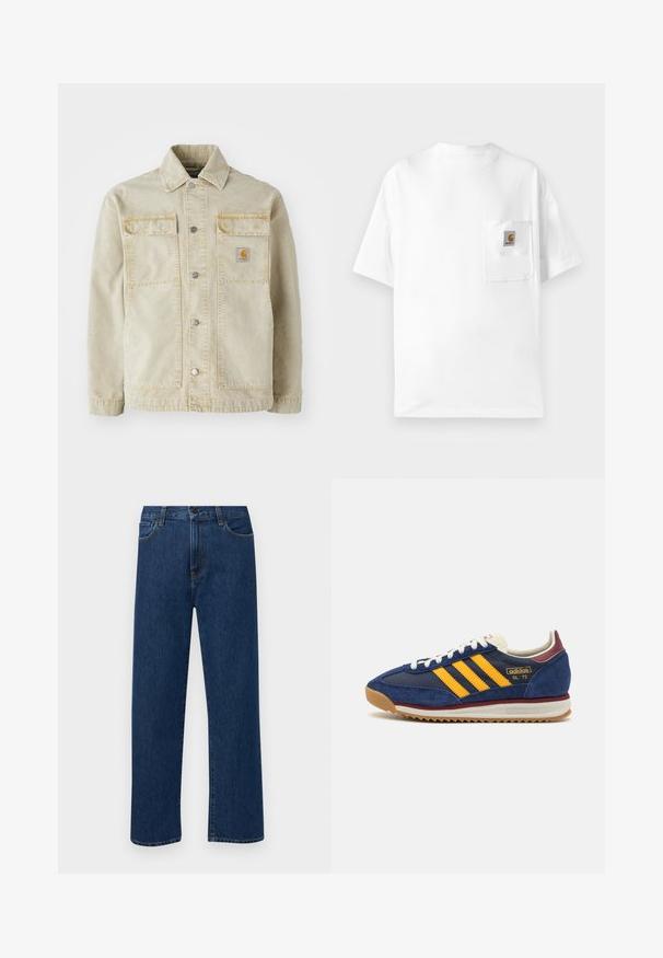 Bežna denim jakna z gumbnim zapiranjem, dvema žepoma na prsih, diskretnim šivanjem in majhno logotipno nalepko na levem žepu.; Bela bomba ženska majica iz bombaža z okroglim izrezom, kratkimi rokavi in žepom na prsih, ki vsebuje logo značko. Minimalistična zasnova in nepremočljiva tekstura.; Temno modri jeans ravne krojenje z naprsnimi žepi in gumbom za zapiranje, prikazani na enostavni beli podlagi.; Mornarsko modre suede teniske z rumenimi črtami, belimi vezalkami in burgundskimi poudarki. Teksturna podplat z utori za oprijem. Logotip blagovne znamke na strani.