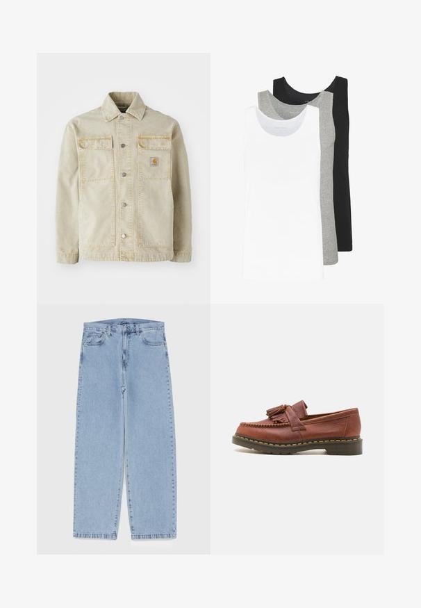 Bežová denimová bunda s knoflíkovým zapínáním, dvěma náprsními kapsami, jemným prošíváním a malou nášivkou loga na levé kapse.; Tři tílka v bílé, šedé a černé barvě. Každé má klasický bezrukávový design, je vyrobeno z lehkého bavlněného materiálu s žebrovanou texturou.; Světle modré džíny s rovnými nohavicemi, středním pasem, pěti kapsami a zapínáním na knoflík a zip.; Hnědá kožená mokasína s třásňovými akcenty, texturovaným povrchem a kontrastním žlutým prošíváním podél černé gumové podrážky. Boční pohled.