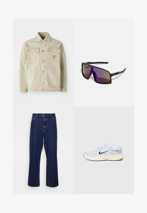 Bežna denim jakna z gumbnim zapiranjem, dvema žepoma na prsih, diskretnim šivanjem in majhno logotipno nalepko na levem žepu.; Bela bombažna majica brez rokavov z okroglo izrezom, širokimi naramnicami in ravnim robom, ki se ponaša z gladko teksturo in brez vidnih vzorcev.; Temno modri jeans iz denima s ravno nogavico, z gumbnim zapiranjem, petimi žepi in subtilnimi šivi.; Bele športne copate iz mrežaste tkanine z zlatimi detajli, črnimi Nike logotipi, oblazinjeno ovratnikom in teksturiranim podplatom. Imajo večplastno zasnovo za stabilnost.; Črne športne sončne očala z velikimi, oglatimi lečami, ki imajo gradientno obarvanje od vijolične do sivo. Teksturirani črni tempeljci za boljši oprijem.