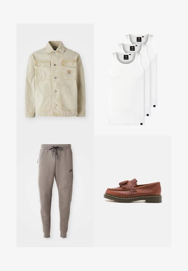 Bežová denimová bunda s knoflíkovým zapínáním, dvěma náprsními kapsami, jemným prošíváním a malou nášivkou loga na levé kapse.; Tři bílé žebrované tílka vyrobené z bavlny. Mají kulatý výstřih a malé černé štítky poblíž lemu. Dostupné v několika velikostech.; Šedé Nike tepláky s elastickým pasem na šňůrku, zúženými nohavicemi, bočními kapsami a charakteristickým švem. Měkká, strukturovaná tkanina.; Hnědá kožená mokasína s třásňovými akcenty, texturovaným povrchem a kontrastním žlutým prošíváním podél černé gumové podrážky. Boční pohled.