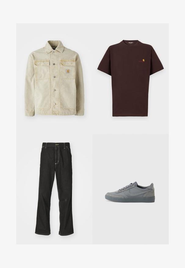 Bežová denimová bunda s knoflíkovým zapínáním, dvěma náprsními kapsami, jemným prošíváním a malou nášivkou loga na levé kapse.; Hnědé bavlněné tričko s krátkým rukávem, kulatým výstřihem, logem na levém prsu v oranžové a červené barvě, rovný lem a uvolněný střih.; Černé denimové džíny s volným střihem, s kontrastním bílým prošíváním, zapínáním na knoflík a rovnými nohavicemi.; Šedé semišové tenisky s hladkým koženým svrškem, s texturovanou gumovou podrážkou a klasickým šněrováním. Na boku je logo charakteristického swoosh.