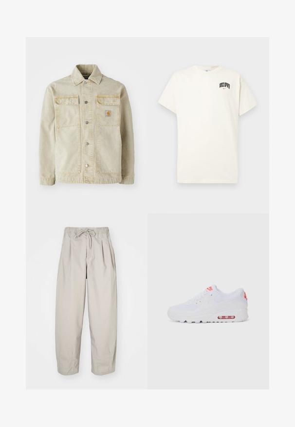 Beżowa kurtka dżinsowa z zapięciem na guziki, dwoma kieszeniami na piersi, subtelnym szwami i małą łatą logo na lewej kieszeni.; Beżowa bawełniana koszulka z krótkim rękawem, z napisem "NIKE SB" w czarnym i czerwonym kolorze na klatce piersiowej. Klasyczny okrągły dekolt.; Beżowe, lekkie spodnie z elastycznym pasem i sznurkiem do regulacji. Posiadają pliski i luźny krój, wykonane z miękkiego, gładkiego materiału.; Białe sportowe sneakersy z gładką cholewką, sznurowaniem, wyściełaną podeszwą i widoczną jednostką powietrzną z czerwonymi akcentami na oznaczeniach.
