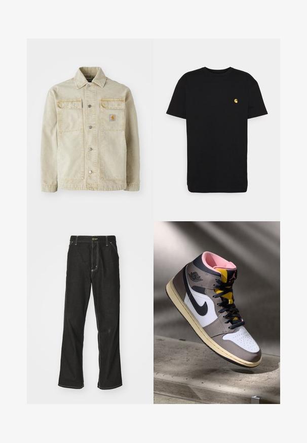 Beżowa kurtka dżinsowa z zapięciem na guziki, dwoma kieszeniami na piersi, subtelnym szwami i małą łatą logo na lewej kieszeni.; Czarna bawełniana koszulka z krótkim rękawem, okrągłym dekoltem i małym żółtym logo na lewej piersi. Prosty design i regularny krój.; Czarne dżinsy o luźnym kroju, z kontrastującymi białymi szwami, z zapięciem na guzik i prostą nogawką.; Wysokie sneakersy Nike Air Jordan w bieli, szarości i czerni z różowym wnętrzem i żółtym językiem, umieszczone na betonowej powierzchni.