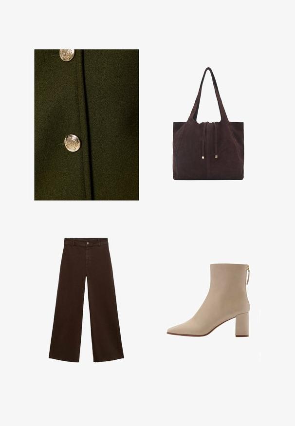 Tumma vihreä kangas, jossa on sileä rakenne ja keskipisteessä näyttävä hopeinen nappi, jossa on kohotettu kuvio.; Pehmeä beige pitkähihainen pyöreäkauluksinen villapaita, jossa on ribbireunat manseteissa, helmassa ja kaula-aukoossa, esitetty tasaisena valkoista taustaa vasten.; Ruskeat leveät housut puuvillasekoituksesta, joissa on revitty helma, etunappikiinnitys ja perinteinen viisi-taskuinen muotoilu. Minimalistiset ja monikäyttöiset.; Beige nahkasaapad, terava kärg, sile pind ja keskmise kõrgusega plokkkonts. Omab külgvesti ja minimalistlikku disaini.; Mango Shopping bag - dark brown