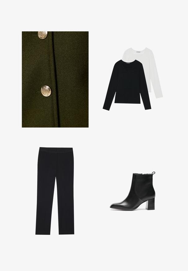 Dark green fabric with a smooth texture featuring a prominent silver button with an embossed design at the center.; Two long-sleeve tops, one black and one white, both featuring a square neckline and made from soft, stretchy fabric.; Black trousers with a straight leg design, featuring side pockets and a smooth fabric texture. Minimal detailing, clean waistband.; Black leather ankle boot with a rounded toe, a mid-height block heel, and a pull tab at the back. Smooth texture, minimal design.