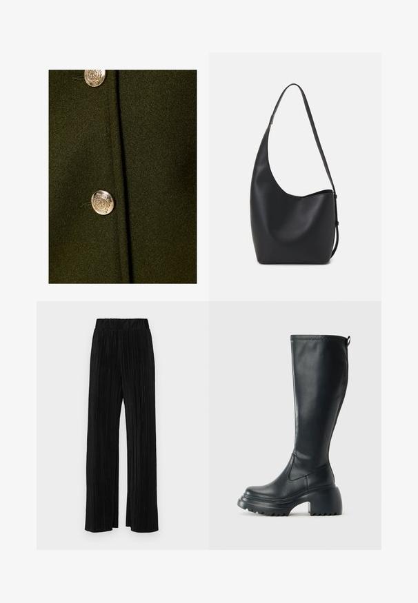 Tumma vihreä kangas, jossa on sileä rakenne ja keskipisteessä näyttävä hopeinen nappi, jossa on kohotettu kuvio.; Ruskea, korkeakauluksinen yksiosainen uimapuku, jossa on ohuet, säädettävät hihnat; siinä on korkea lahje ja sileä tekstuuri. Ei kuvioita tai koristeita.; Mustat pleatatut housut, joissa on joustava vyötärö. Ominaisuuksiin kuuluvat leveät lahkeet ja sileä, teksturoitu kangas, jossa on pystysuoria raitoja.; Korkeat mustat nahkakengät, joissa on paksu pohja ja lohkare korko, varustettuna vetonauhalla ja tekstuurilla ulkopohjassa.; Musta nahkainen hobo-laukku, jossa on sileä pinta, kaareva muoto ja yksi säädettävä olkahihna; sisäänkäynti on leveä ylhäältä.