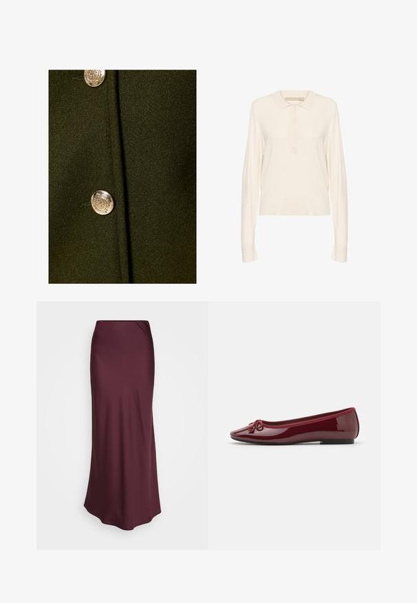 Tessuto verde scuro con una texture liscia, caratterizzato da un prominente bottone argento con un design in rilievo al centro.; Polo a maniche lunghe color crema, realizzato in morbido tessuto a maglia, con colletto a coste, patta con quattro bottoni e vestibilità comoda. Texture liscia.; Gonna maxi in raso bordeaux con texture liscia e design aderente, caratterizzata da una silhouette dritta e una leggera drappeggiatura in vita.; Ballerine in vernice bordeaux lucido, con punta arrotondata, un fiocco decorativo e una suola nera bassa.