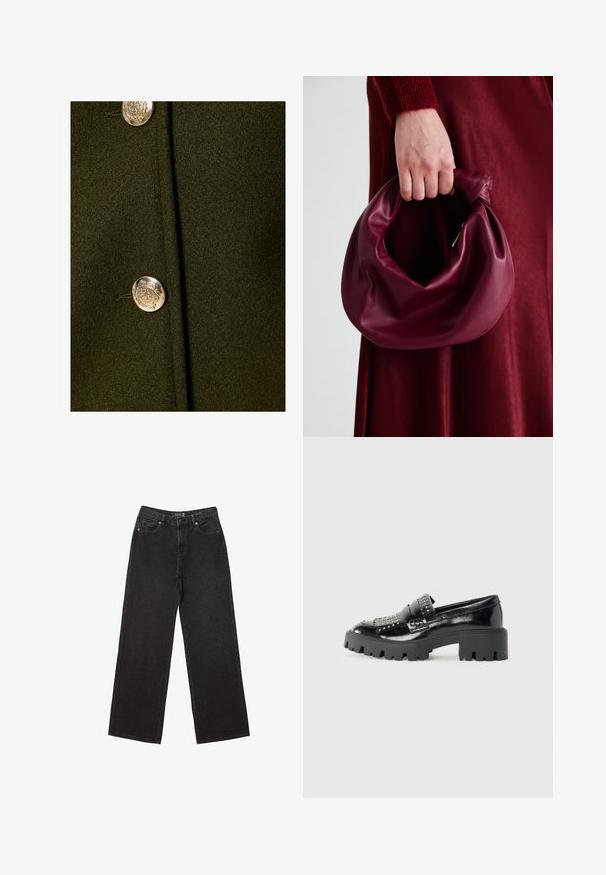 Mørkegrønt stof med en glat tekstur, der har en fremtrædende sølvknap med et præget design i midten.; Bordeaux langærmet top med rund halsudskæring, lavet af blødt stof. Har en tætsiddende design og lige kant. Ingen mønstre eller detaljer synlige.; Sorte brede jeans lavet af denim, med små prikkede mønstre, klassisk fem-lomme design og en knap- og lynlåslukning.; Sorte patenterede læder loafers med en chunky sort platformsål, udsmykket med metalliske nitter på forfoden og et rundt tådesign.; Bordeaux læderhåndtaske med et blødt, samlet design og en rund form. Håndtaget er sikret og viser en glat tekstur.