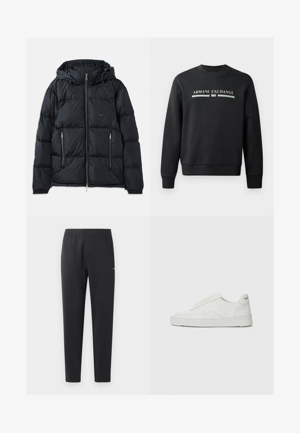 Black puffer jacket with a zip front, adjustable hood, two zippered side pockets, and a textured, quilted design. Features logo patch.; Black sweatshirt made from soft fabric. Features a crew neckline and long sleeves. The front displays "ARMANI EXCHANGE" and "1991" in contrasting colors.; White cotton t-shirt with short sleeves, featuring a blue and green "ARMANI EXCHANGE" logo and "1991" centered below.; Black jogger pants made of soft fabric, featuring an elastic waistband, straight legs, and a single small logo detail on the side.; White leather sneaker with a smooth finish, round toe, flat laces, and a textured sole. Features a subtle logo on the heel.