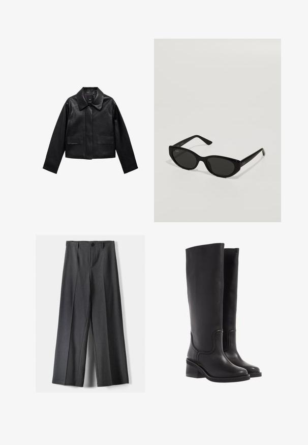 Černá zkrácená kožená bunda s límcem, předním zapínáním na knoflíky a dvěma velkými kapsami s klopami. Hladká textura a strukturovaný tvar.; Dlouhý rukáv v světle šedé barvě, vyrobený z jemné, texturované tkaniny. Má kulatý výstřih a přiléhavý střih. Jednoduchý a univerzální design.; Kalhoty s širokými nohavicemi vyrobené z tmavě šedé látky, s knoflíkovým zapínáním, předními sklady a poutky na pásek. Hladká textura s přizpůsobeným střihem.; Černé kožené kozačky do kolen s hladkým povrchem, zaoblenou špičkou a masivním podpatkem. Disponují jemným švem a elegantním designem.; Černé sluneční brýle s úzkým, kočičím tvarem. Vyrobené z hladkého plastu, s tmavými skly a jemnými logo akcenty na stranách.