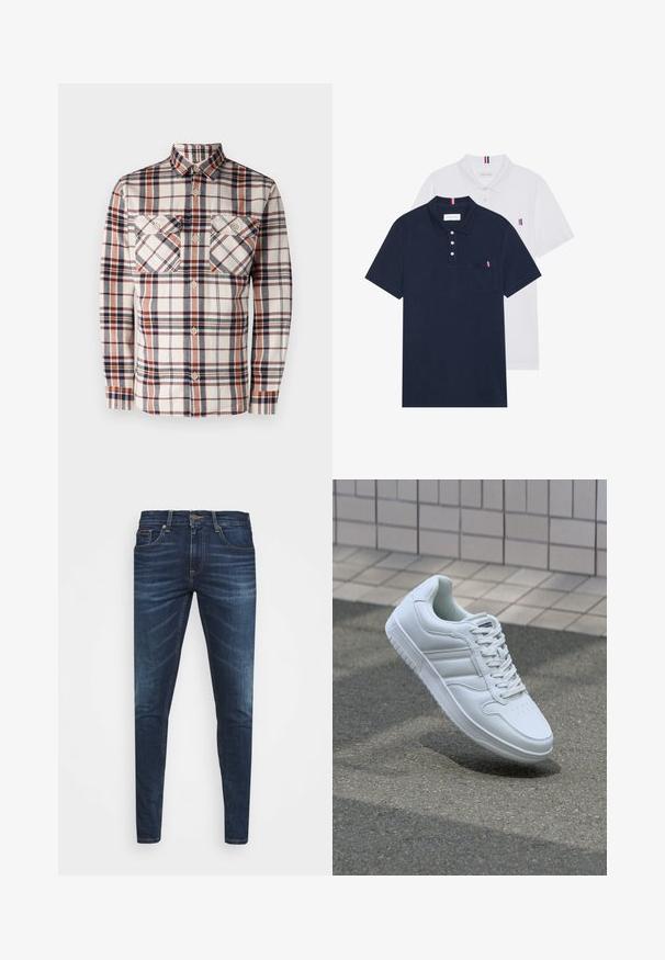 Kreemist, tumesinist ja roostes toonides pikakä sleeves pluus. Omab kahte rinnataskut ja nööbitavat kaelust. Valmistatud tekstureeritud kangast.; Kaks polo särki: üks tumesinine ja üks valge, mõlemal on rinnataskul ja krael väike punase, valge ja sinise aktsent.; Tumedat sinised teksad kitsas lõikes, kerge kulumisega, viie taskuga ja metallnööbiga sulgemine. Õmmeldud aktsendid kontrastsetes värvides.; Valge spordijalanõud silederja nahkvarrega, ninast paeltega, perforatsiooni tõttu ventilatsiooniga ning mustrilise tallaga. Minimalistlik disain, millel on kolm külgmist triipu.