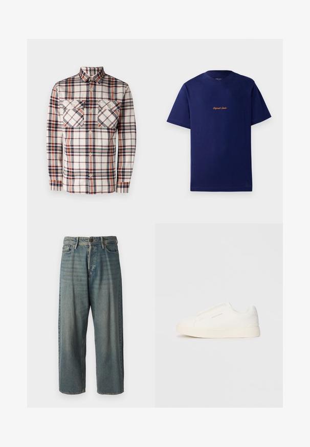 Srajca s dolgimi rokavi v karirastem vzoru v kremni, mornarski in rjavi barvi. Ima dva žepa na prsih in ovratnik z gumbi. Narejena je iz teksturirane blazine.; Temno modra bombažna majica s kratkimi rokavi. Ima majhen, oranžno vezen logotip na prsih. Klasična oblika s krožnim izrezom.; Svetlomoderne kavbojke z ohlapnim krojem, srednjim pasom in ravnimi nogami. Imajo pet žepov, zanke za pas in zapiranje na gumb.; Bele zapete brez vezalk z teksturirano površino, debelim podplatom in minimalističnim dizajnom. Na strani se nahaja logotip blagovne znamke.