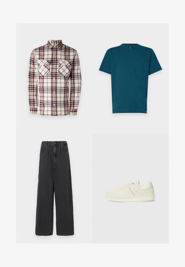 Chemise à manches longues à motifs carreaux dans des tons crème, marine et rouille. Elle est dotée de deux poches poitrine et d'un col retour. Fabriquée en tissu texturé.; T-shirt en coton bleu sarcelle avec un col rond et des manches courtes. Présente une coupe droite et une petite étiquette de marque sur le côté. Texture lisse.; Pantalons en denim noir à taille haute, coupe large, avec une fermeture à bouton et zip à l'avant, dotés de poches latérales et d'une texture lisse.; Sneaker couleur crème avec des détails perforés, des lacets et un logo sur le côté, présenté sur un fond blanc uni.