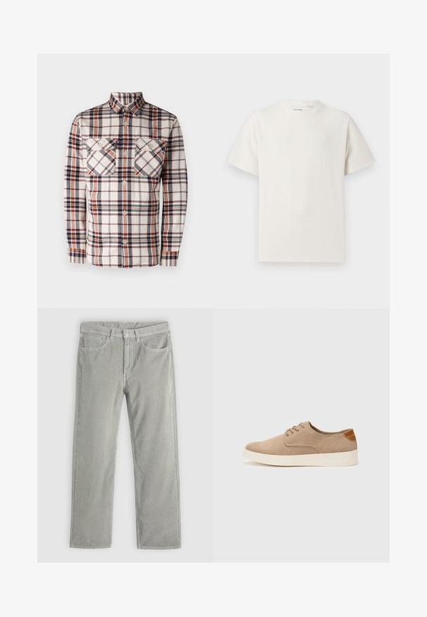 Košeľa s dlhým rukávom v károvanom vzore v smotanových, námorníckych a hrdzavých odtieňoch. Obsahuje dve náprsné vrecká a golier s gombíkmi. Vyrobená z textúrovanej látky.; Biela krátka tričko s krátkym rukávom so žebrovanou textúrou. Okrúhly výstrih, uvoľnený strih, žiadne viditeľné vzory ani akcenty. Jednoduchý a všestranný dizajn.; Svetlo šedé úzke nohavice z kordu s predným gombíkom, zipsom, pútkami na opasok a dizajnom s piatimi vreckami na jednofarebnom pozadí.; Béžové semišové tenisky s okrúhlou špičkou, šnurovaním vpredu a textúrovaným zadným akcentom. Biela gumová podrážka poskytuje kontrast. Jednoduchý a moderný dizajn.