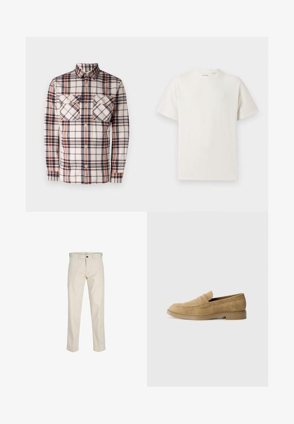 Langarm geruit overhemd in crème, marineblauw en roestkleurige tinten. Beschikt over twee borstzakken en een button-down kraag. Gemaakt van een gestructureerde stof.; Witte korte mouwen T-shirt met ribbelstructuur. Ronde hals, ontspannen pasvorm, geen zichtbare patronen of accenten. Eenvoudig en veelzijdig ontwerp.; Beige katoenen broeken met een rechte pasvorm, knoopsluiting, zijzakken en gestikte naden. Gladde textuur, minimale details en geen patronen.; Tan suède instappers met een ronde neus, lage blokhak en gestikte details op de bovenkant. Gladde textuur en minimalistisch ontwerp.