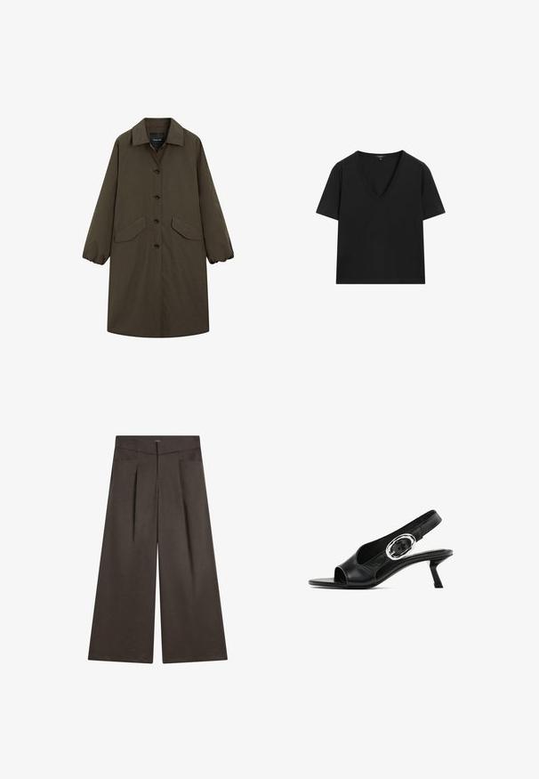 Oliwkowy długi płaszcz z dopasowanym kołnierzem, zapięciem na guziki i dwoma przednimi kieszeniami. Posiada szerokie rękawy i gładką fakturę.; Czarny T-shirt z krótkim rękawem i dekoltem w serek o prostym, dopasowanym kroju na białym tle.; Spodnie z szerokimi nogawkami w ciemnym brązowym kolorze, z płaskim przodem, dwiema bocznymi kieszeniami i gładką teksturą oraz dopasowaną sylwetką.; Czarne skórzane buty na obcasie typu slingback z otwartym palcem, z metalowym owalnym zapięciem na pasku oraz smukłym obcasem typu kitten heel. Gładka tekstura.