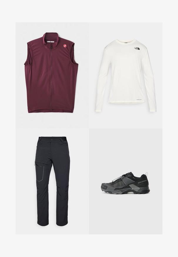 Burgundi ujjatlan kerékpáros mellény, magas nyakkal, cipzárral és Castelli logóval a vállon. Könnyű, rugalmas anyagból készült.; Fehér, hosszú ujjú póló kerek nyakkal, textúrált anyagból, fekete logóval a bal vállon, és diszkrét márkajelzéssel az alján.; Fekete kültéri nadrág, cipzáras combzsebbel, rugalmas derékrésszel és sima, vízlepergető szövettel. Tiszta dizájn, látható logók nélkül.; Fekete terepfutó cipő tartós hálós felsőrésszel, megerősített orr résszel, texturált gumitalppal és rugalmas fűzőrendszerrel a biztonságos illeszkedés érdekében.