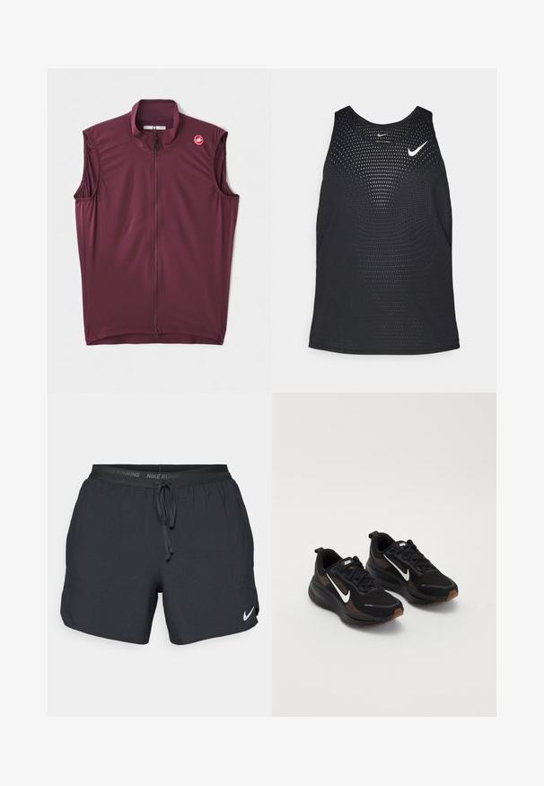Burgundin värinen hihaton pyöräilyliivi korkealla kauluksella, vetskari suljettuna ja Castelli-logo olkapäällä. Valmistettu kevyestä, joustavasta materiaalista.; Musta urheilullinen tank top, jossa on rei'itetty pinta ja pyöreä kaula-aukko. Rinnassa on valkoinen Nike-logo.; Juoksuhousut mustina, kevyestä ja hengittävästä kangasta. Varustettu joustavalla vyötäröosalla, nyörillä ja pienellä valkoisella Nike-logolla.; Mustat urheilukengät, joissa on hengittävä verkkomateriaali, valkoinen Nike-logoelementti, teksturoitu pohja ja erottuvat ruskeat yksityiskohdat. Sisältää vahvistetun kantapään.