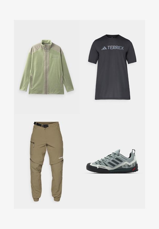 Hele roheline täispika tõmbluku ja villase jope, millel on beežid õlavarrepaneelid, tõmbluku ees taskud ja "TERREX" logo rinnal.; Must musta t-särk, mis on valmistatud kergetest kangast, millel on kergehall "TERREX" logo rinnaeest ja ümar kaelus.; Khaki välisin püksid, millel on reguleeritav must vöö, lukuga taskud, kitsenevad sääreotsad ja eemaldatavad alumised sääred mitmekesiste stiilide jaoks.; Hallid hallid ronimissaapad, millel on tekstureeritud pealispind, must kummist varbakaitse, kolm tumedat triipu ja väike punane aktsent tallal.