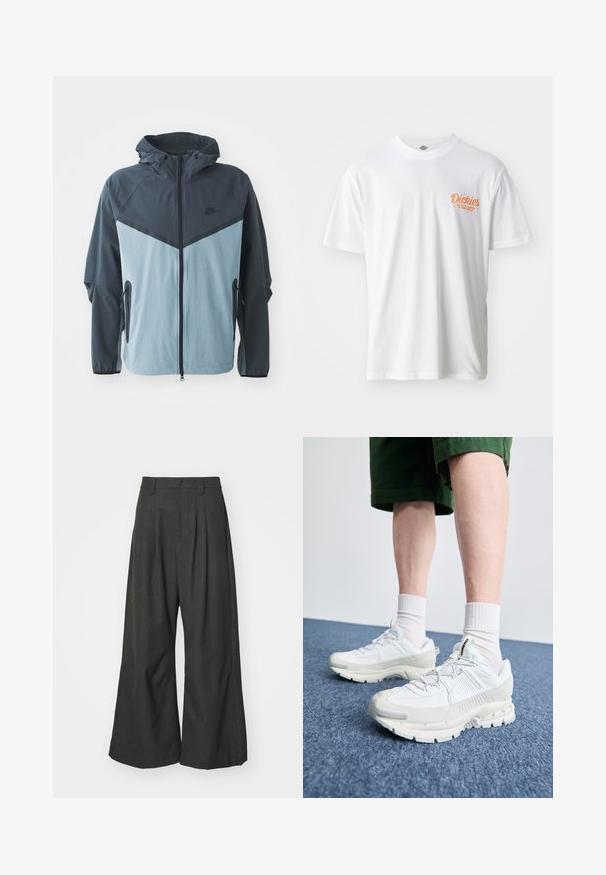 Jaqueta corta-vento com capuz, fecho éclair frontal, design em blocos de cores azul escuro e azul claro, e bolsos laterais com fecho éclair.; T-shirt de algodão branca com logótipo laranja bordado no lado esquerdo do peito, mangas curtas e um decote redondo clássico. Textura suave.; Jaded London GOLIATH TROUSER UNISEX - Calças - grey; Sapatos atléticos brancos com sobreposições texturizadas, sola espessa e detalhes em cinza. Usados com meias brancas até ao tornozelo e calções verdes sobre uma superfície azul.