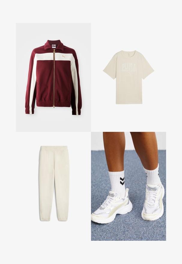 Bordeaux zip-up Jack met witte strepen op de mouwen, gouden rits en logo op de borst. Ribgebreide manchetten en tailleband met gestructureerde stof.; Beige katoenen t-shirt met een ontspannen pasvorm, voorzien van een witte grafische print met de tekst "PUMA sports club" en een klein logo erboven.; Lichtbeige sweatpants van zachte stof, met een elastische tailleband, cuffed enkels en een klein wit logo aan de zijkant.; Witte sneakers met zilveren accenten, gemaakt van mesh-materiaal en met een chunky ontwerp. Gecombineerd met witte sokken met zwarte chevronpatronen.