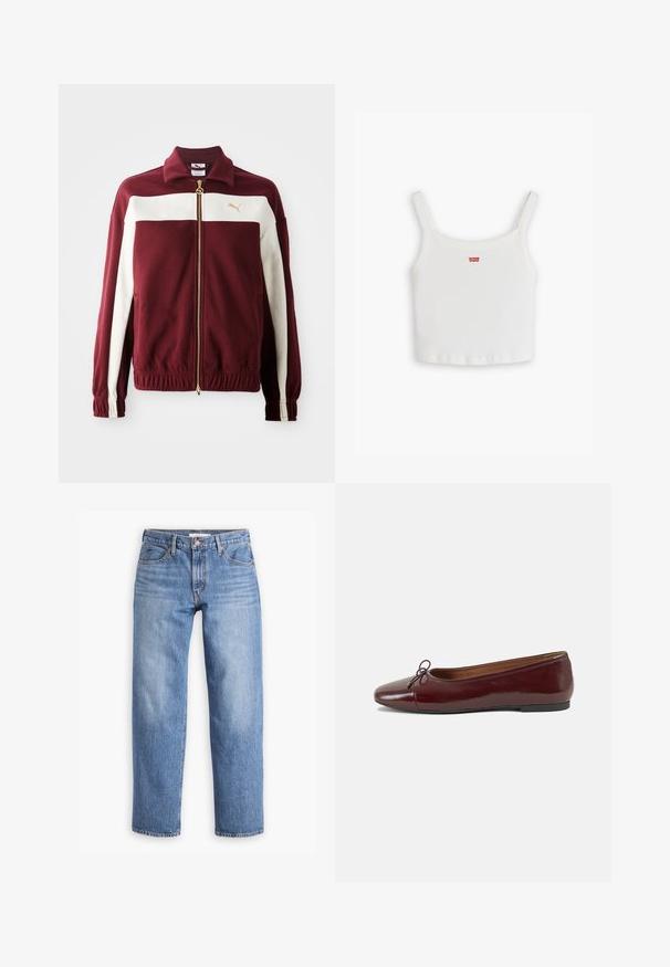 Burgundi színű, zipzáras dzseki fehér csíkokkal az ujjakon, arany cipzárral és logóval a mellrészen. Bordázott mandzsetták és derékpánt, texturált anyaggal.; Fehér bordázott ujjatlan felső vékony pántokkal, a elején egy kis piros Levi's logóval. Egyszerű, fitted dizájn egyenes szegéllyel.; Világoskék farmernadrág egyenes szárú szabással, öt zsebbel és cipzáras záródással. Az anyag klasszikus textúrájú, enyhén kopott felülettel rendelkezik.; Burgundi lakkbőr balettcipő kerek orral, elöl kis masni díszítéssel és alacsony, fekete gumi talppal. Simára csiszolt felület.