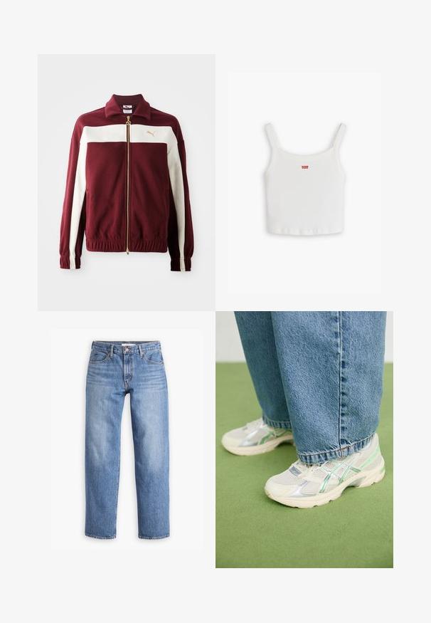 Jachetă burgundy cu fermoar, cu dungi albe pe mâneci, fermoar auriu și logo pe piept. Mansete și talie cu textură ribbă.; Top alb cu dungi, fără mâneci, cu bretele subțiri, având un mic logo roșu Levi's pe față. Design simplu, ajustat, cu un tiv drept.; Jeans din denim de un albastru deschis, cu croi drept, cinci buzunare și fermoar la talie. Materialul are un finisaj texturat clasic, cu o ușoară decolorare.; Adidași din plasă albă și argintie cu accente verzi purtați cu blugi evazați bleumarin stând pe un covor de culoare verde.