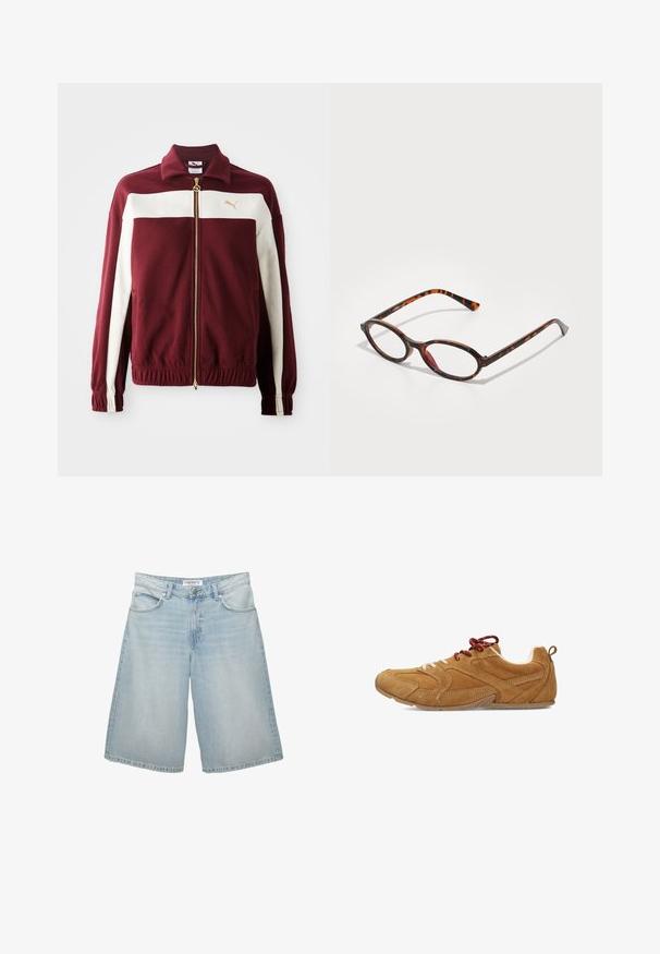 Bordeaux zip-up Jack met witte strepen op de mouwen, gouden rits en logo op de borst. Ribgebreide manchetten en tailleband met gestructureerde stof.; Effen witte T-shirt met korte mouwen en een ronde hals, met een slim fit, vlak weergegeven tegen een witte achtergrond.; Lichtblauwe denim shorts met een wijde pijpdesign, voorzien van vijf zakken, riemlussen en een rits. Glad textuur met lichte vervaging.; Tan suède schoenen met een textuur, voorzien van witte en rode veters, een ronde neus en een flexibele rubberen zool.; Tortoiseshell zonnebril met ovale lenzen, voorzien van een donker montuur met licht en donkerbruine patronen, en slanke, gebogen pootjes.