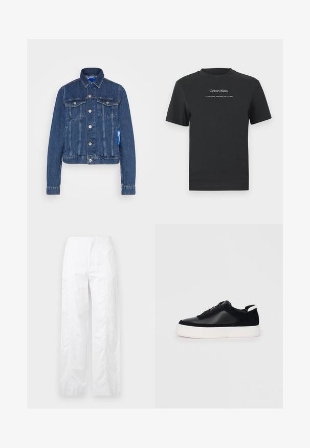 Tamna plava traper jakna s skraćenim dizajnom, dugmetom za zatvaranje, dva džepa na grudima i oznakom brenda sa strane. Klasični detalji šivanja.; Crna pamučna majica s okruglim izrezom, kratkim rukavima i bijelim otisnutim logotipom "Calvin Klein" te tekstom "Osnovano 1968."; Bijele široke hlače od laganog materijala, s glatkom teksturom, čistim linijama i visokim strukom.; Crne tenisice s glatkom kožom i panelima od antilopa, ravne vezice, zaobljenim vrhom i bijelim gumeni potplat. Izraziti logo na peti.