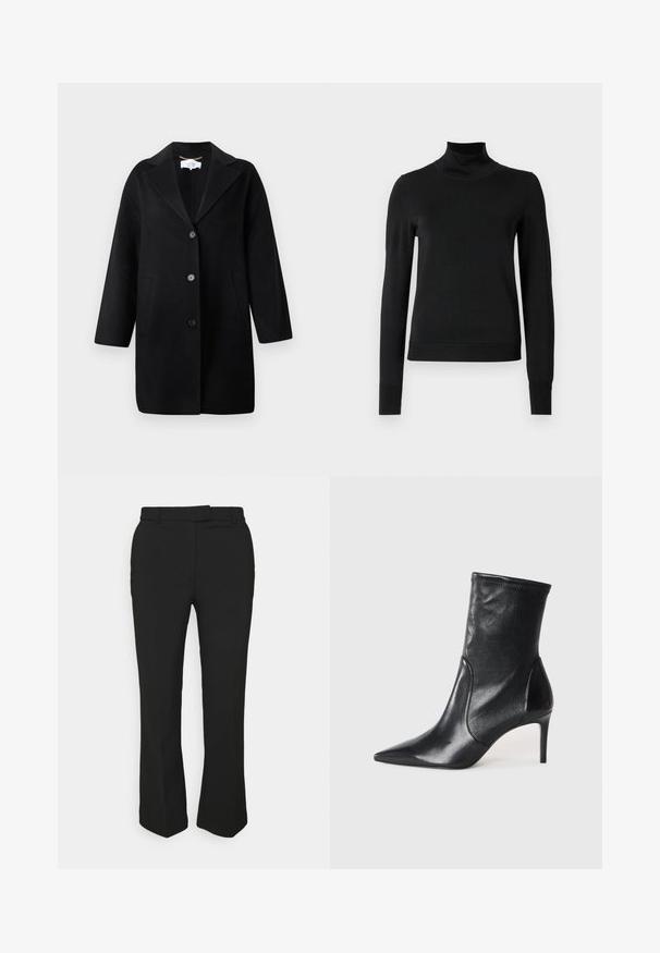 Juodas vilnonis paltas su įpjauta atlapais, viengubas, su trim mygtukais ir šoninėmis kišenėmis. Lygios tekstūros, vidutinio ilgio rankovės.; Juoda ilgomis rankovėmis turtleneko tipo megztinis su rebruotomis rankovėmis ir apačia, eksponuojamas ant paprasto balto fono.; Juodos pritaikytos kelnės su tiesiomis kojomis, su diržo kilpos ir šoninėmis kišenėmis. Pagamintos iš lygios medžiagos su švariu apdailu.; Juodi kulkšneliai, pagaminti iš lygaus odos, su smailiu nosiu, prigludusia ašimi ir siauru aukštu kulnu. Minimalistinis dizainas be matomų detalių.