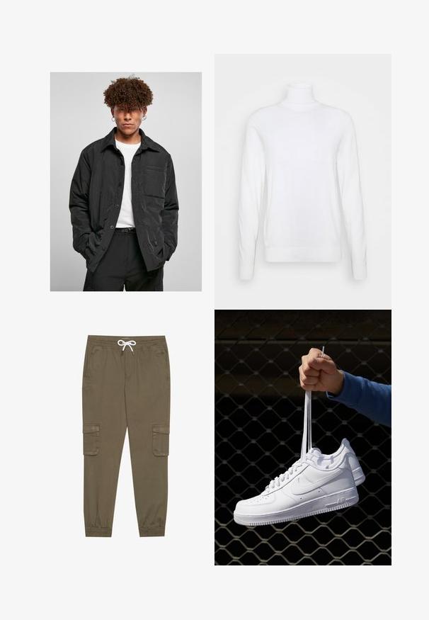 Sort button-up jakke lavet af letvægtsstof, med en brystlomme, spids krave og en afslappet pasform. Båret over en hvid t-shirt.; Hvid turtleneck sweater med lange ærmer, lavet af glat stof. Har et tætsiddende design og ribbede manchetter og kant. Ingen mønstre eller accenter.; Khaki cargo bukser med elastisk linning og snor, med sidelommer og manchetter ved anklerne. Fremstillet af et tekstureret, let materiale.; Hvide lædersneakers med perforeringer, rund tå, flad sål og tykke snørebånd, med et synligt swoosh-logo og "AIR" på hælen.