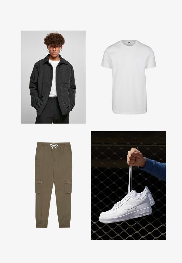 Giacca nera con bottoni realizzata in tessuto leggero, con taschino sul petto, colletto a punta e vestibilità rilassata. Indossata sopra una maglietta bianca.; T-shirt bianco in cotone con scollo rotondo, maniche corte e vestibilità comoda. L'etichetta reca la scritta "URBAN CLASSICS". Texture liscia, senza motivi né dettagli.; Pantaloni cargo khaki con elastico in vita e cordino, dotati di tasche laterali e caviglie cuffiate. Realizzati in un materiale leggero e testurizzato.; Sneakers in pelle bianca con perforazioni, punta rotonda, suola piatta e lacci spessi, con logo swoosh visibile e "AIR" sul tallone.