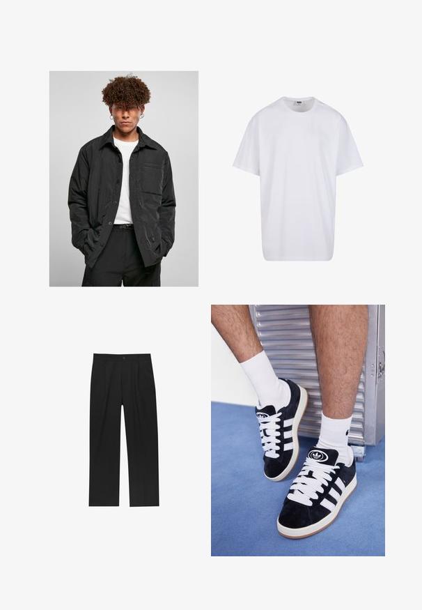 Mustat napitettava takki, joka on valmistettu kevyestä kankaasta ja jossa on rintatasku, terävä kaulus ja rento istuvuus. Päällystetty valkoisen t-paidan yli.; Valkoinen puuvillainen t-paita, jossa on lyhyet hihat, pyöreä kaula-aukko, rento istuvuus ja ei näkyviä logoja tai kuvioita. Sileä pinta ja minimaalinen muotoilu.; Mustat housut suoranlahkeisella muotoilulla, valmistettu sileästä kankaasta. Ominaisuuksiin kuuluu etupleateet ja yksi nappikiinnitys vyötäröllä.; Mustat mokkasneakersit, joissa on valkoiset nauhat ja kolme valkoista raitaa. Kengissä on ympyrän muotoinen musta logo kielen päällä ja kuminen pohja.
