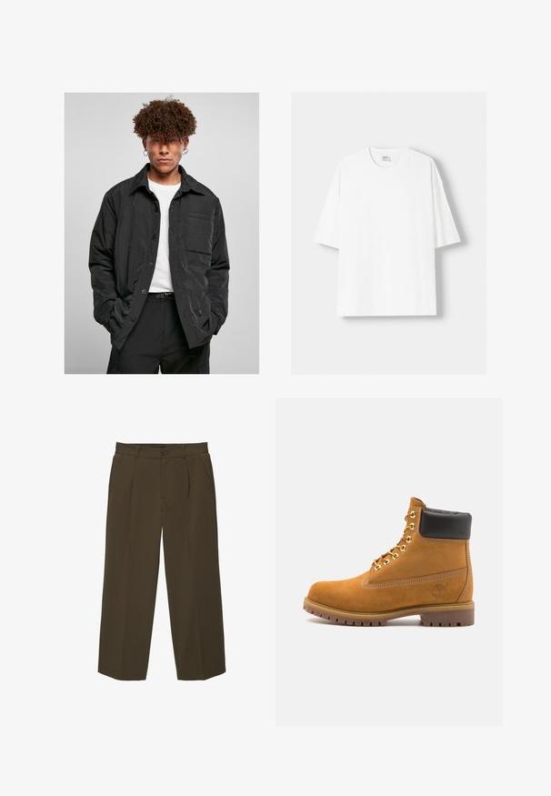 Jachetă neagră cu nasturi, confecționată dintr-un material ușor, având un buzunar pe piept, guler ascuțit și o croială lejeră. Purtați-o peste un tricou alb.; Tricou alb cu mânecă scurtă, confecționat din bumbac, cu un decolteu rotund și o croială lejeră. Textură netedă, fără modele sau accente vizibile.; Pantaloni maro, cu croială lejeră, dintr-un material moale, cu talie plată, buzunare laterale și închidere cu nasture la talie. Design simplu, fără tipare.; Cizmă de gleznă din întoarsă de culoare bej, cu guler negru căptușit, ochiuri din metal auriu, detalii de cusătură albă și talpă din cauciuc robustă, cu un model pronunțat.