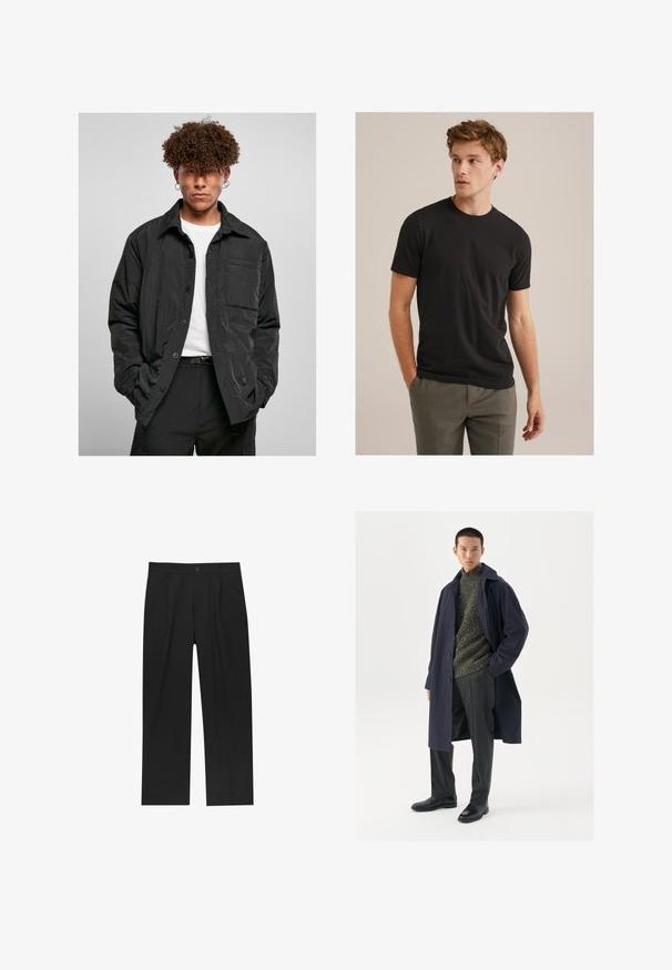 Sort button-up jakke lavet af letvægtsstof, med en brystlomme, spids krave og en afslappet pasform. Båret over en hvid t-shirt.; Ung mand med krøllet lysebrunt hår iført sort kortærmet t-shirt og grå bukser, ser mod venstre med hænderne i lommerne.; Sorte bukser med lige ben, lavet af et glat stof. Har frontfolder og en enkelt knaplukning i taljen.; Marinefrakke med knaplukning, grøn tekstureret sweater, sorte bukser og sorte læderstøvler. Glat stof med struktureret silhuet.