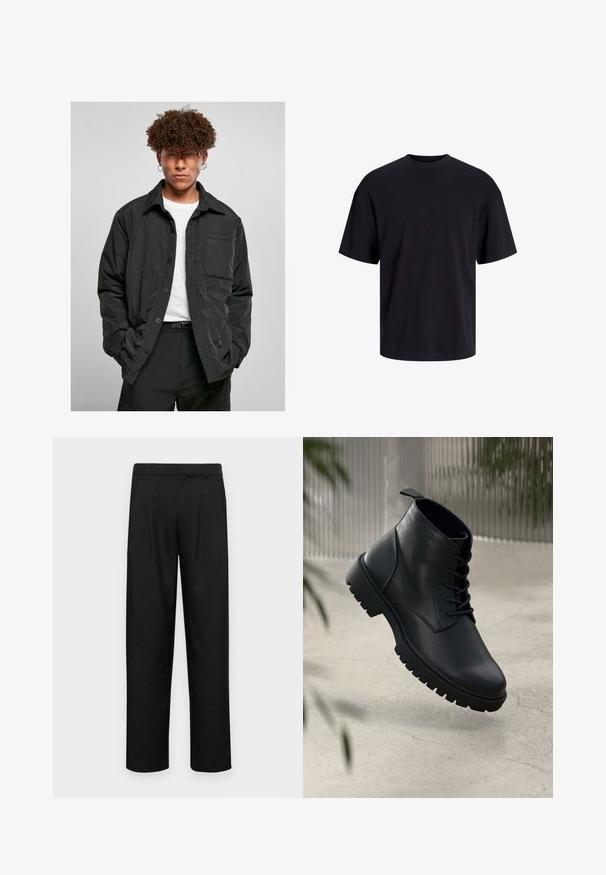 Juodas mygtukų užsegamas švarkas, pagamintas iš lengvos medžiagos, su krūtine kišenė, smailiu apykakle ir laisvu siluetu. Nešiojamas virš baltos marškinėlių.; Juodas medvilninis marškinėlis su apvaliu iškirpimu, trumpomis rankovėmis ir laisvu siluetu. Glotni tekstūra, be matomų raštų ar akcentų.; Juodi kelnių modeliai, pagaminti iš lygios medžiagos, turi tiesią kojas, du priekiniai klostės ir standartinę juosmenį su diržo kilpomis.; Juodi odiniai auliniai batai su apvaliu pirštu, su raišteliais ir tvirtu guminio pado dizainu. Romus paviršius su kilpeliu gale.