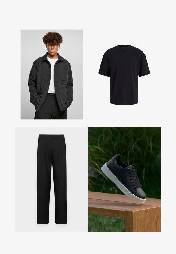 Juodas mygtukų užsegamas švarkas, pagamintas iš lengvos medžiagos, su krūtine kišenė, smailiu apykakle ir laisvu siluetu. Nešiojamas virš baltos marškinėlių.; Juodas medvilninis marškinėlis su apvaliu iškirpimu, trumpomis rankovėmis ir laisvu siluetu. Glotni tekstūra, be matomų raštų ar akcentų.; Juodi kelnių modeliai, pagaminti iš lygios medžiagos, turi tiesią kojas, du priekiniai klostės ir standartinę juosmenį su diržo kilpomis.; Juodas odinis sportbačių modelis su lygiu paviršiumi, baltu guminio pado ir šešiomis skylutėmis raišteliams, eksponuojamas ant medinės paviršiaus.