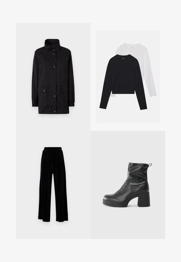 Czarna, średniej długości kurtka z wysokim kołnierzem, elastycznymi mankietami, zapięciem na guziki z przodu oraz dwiema bocznymi kieszeniami naszytymi. Gładki, wodoodporny materiał.; Dwie koszule z długim rękawem: jedna czarna, a druga biała. Obie mają okrągły dekolt, rękawy raglanowe i miękką bawełnianą tkaninę.; Czarne spodnie z szerokimi nogawkami wykonane z miękkiego weluru, z elastycznym pasem i gładką fakturą, bez widocznych detali czy wzorów.; Czarne botki za kostkę wykonane z gładkiej skóry, wyposażone w boczny zamek błyskawiczny, masywny teksturowany obcas oraz zaokrąglony czubek.