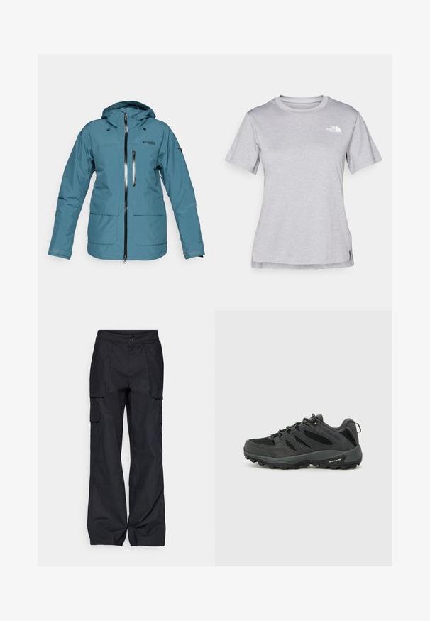 Tiefblaues, wasserdichtes Jackett mit Kapuze, Frontreißverschluss, zwei großen Taschen und kontrastierenden Reißverschlüssen. Verfügt über ein sauberes, minimalistisches Design.; Graues T-Shirt mit kurzen Ärmeln aus weichem, feuchtigkeitsableitendem Stoff. Hat einen Rundhalsausschnitt und ein kleines weißes Logo auf der oberen linken Seite.; Columbia BREA FALLS™ COTTON RIPSTOP PANT - Outdoor-Hose - black; Columbia REDMOND - Hikingschuh - black/citron haze