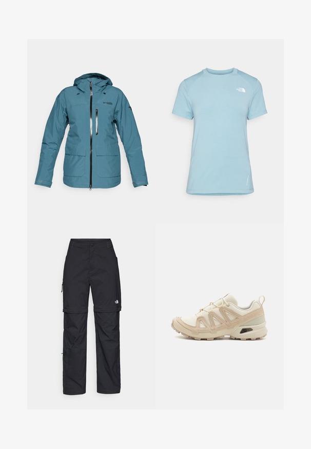 Teal waterdichte jas met een capuchon, voorkeursrits, twee grote zakken en contrasterende ritsen. Kenmerkt zich door een schone, minimalistische uitstraling.; Lichtblauw t-shirt met korte mouwen en een ronde hals. Gemaakt van zacht materiaal, met raglanmouwen en een wit logo op de bovenlinker borst.; Zwarte nylon cargo broek met afneembare pijpen, verstelbare manchetten, meerdere zakken en een logo op het rechterbeen. Gladde, lichte textuur.; Beige en crème sportschoen met een textuur-mesh bovenwerk, ondersteunende overlays en een rubberen zool met een profielpatroon voor grip.